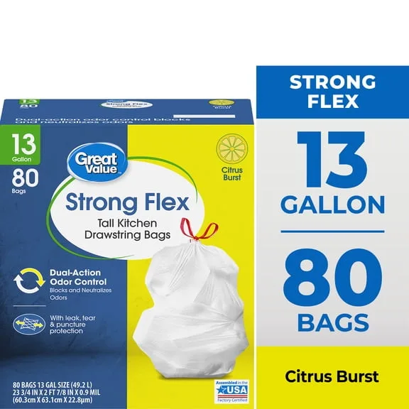 Great Value Strong Flex Tall Kitchen Trash Bags 13gal 200ct